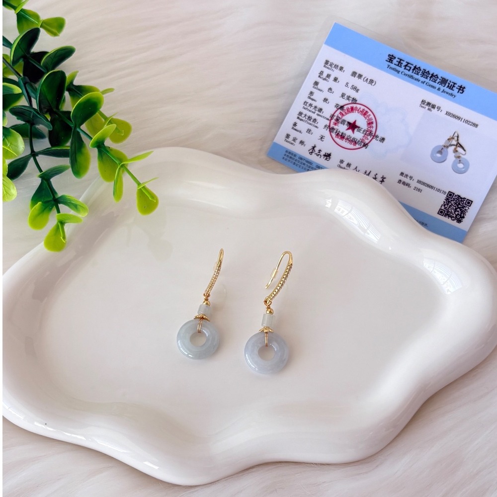 Icy Jade Donut Earrings Translucent Jadeite Gold Tone Pave Dangle Drop Jewelry